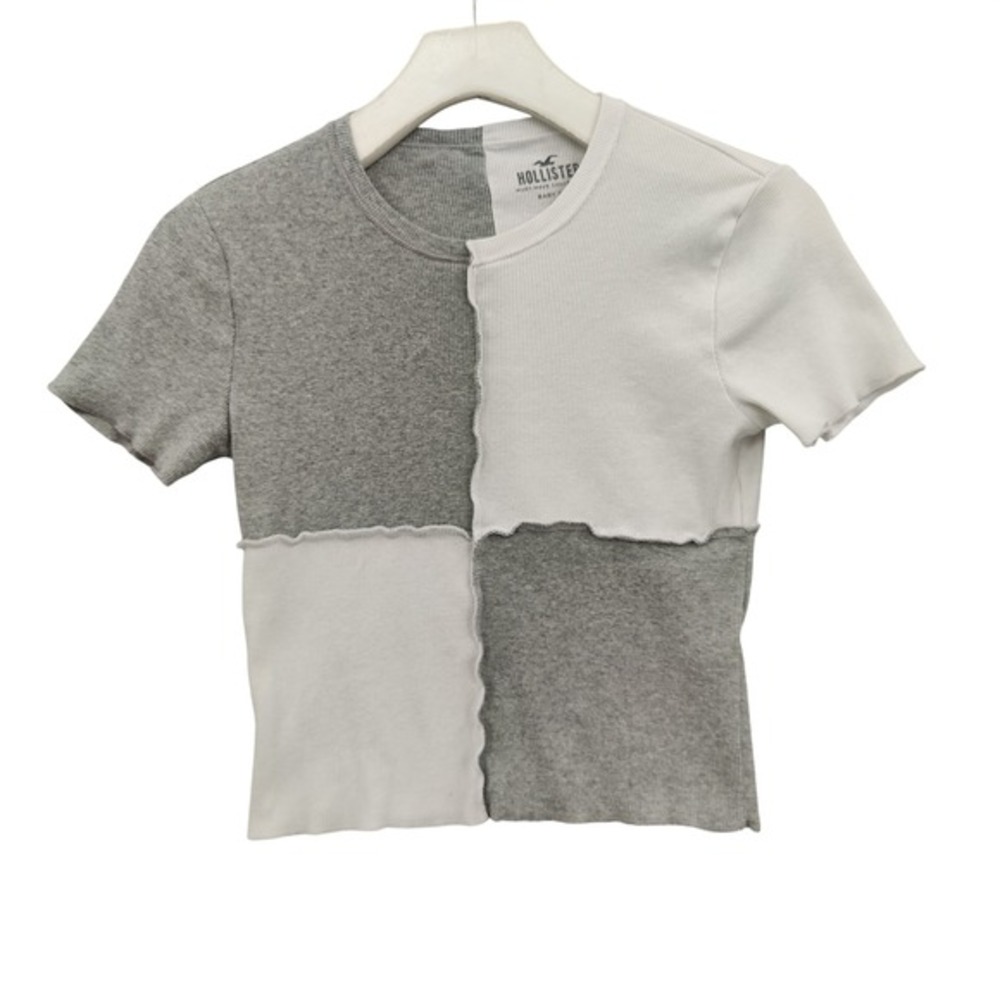 Hollister Womens Y2K Grunge Retro Indie Patchwork Baby Tee XS Grey White Ribbed